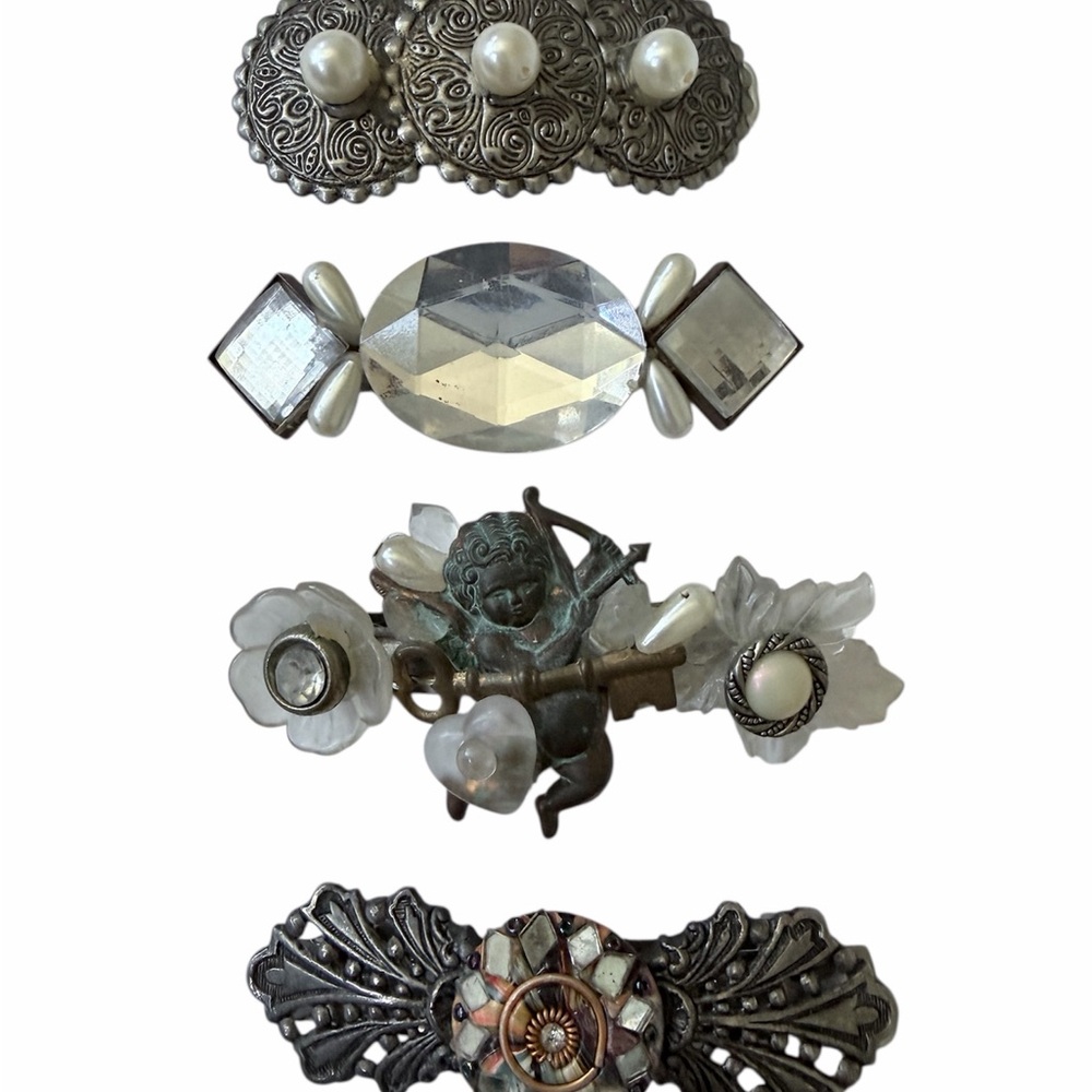 5 Vintage handmade barrettes  Set with Pearls and Silver Accents